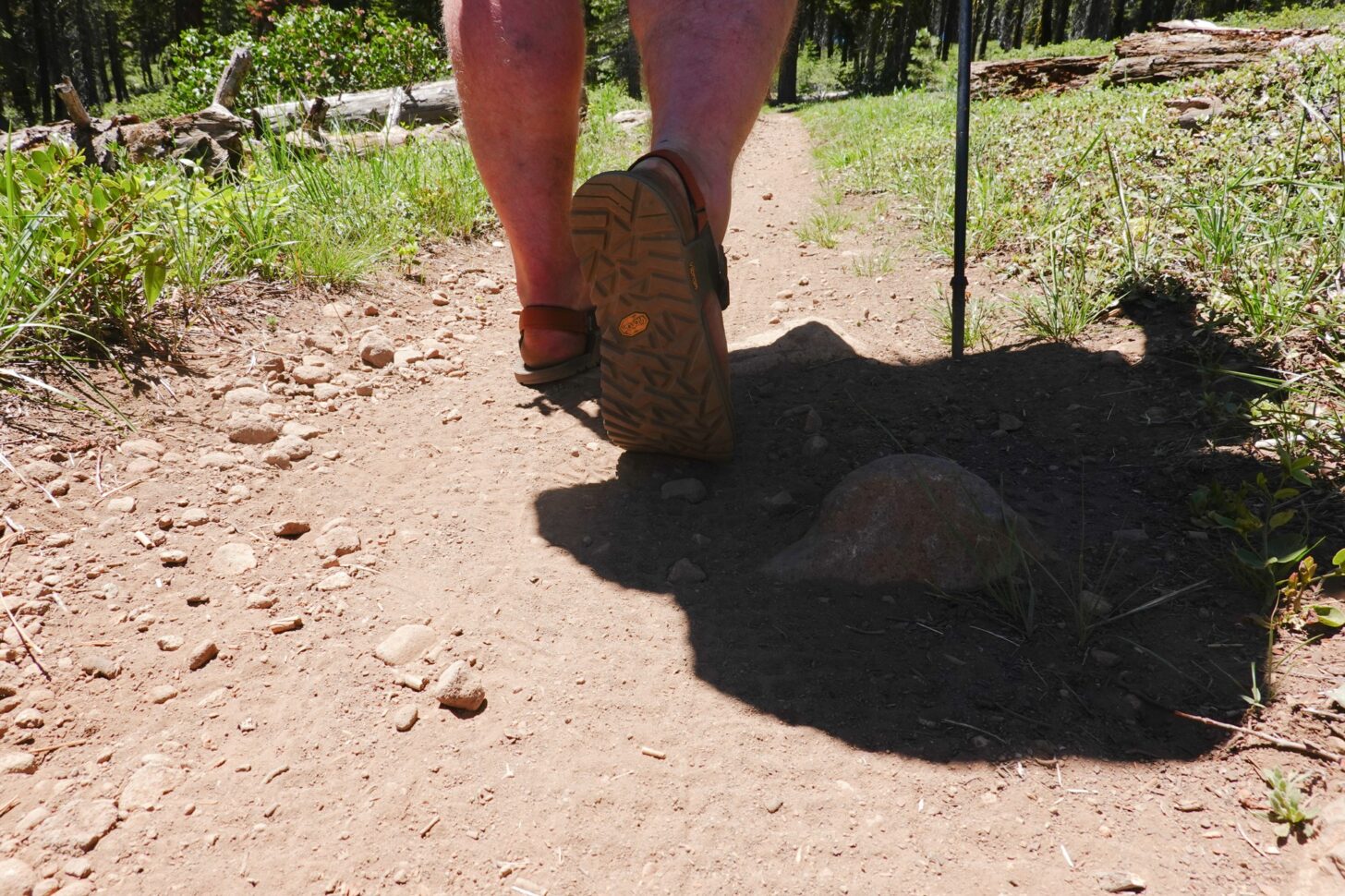 A medium shot, taken at ground level, of a man walking away from the camera wearing sandals.