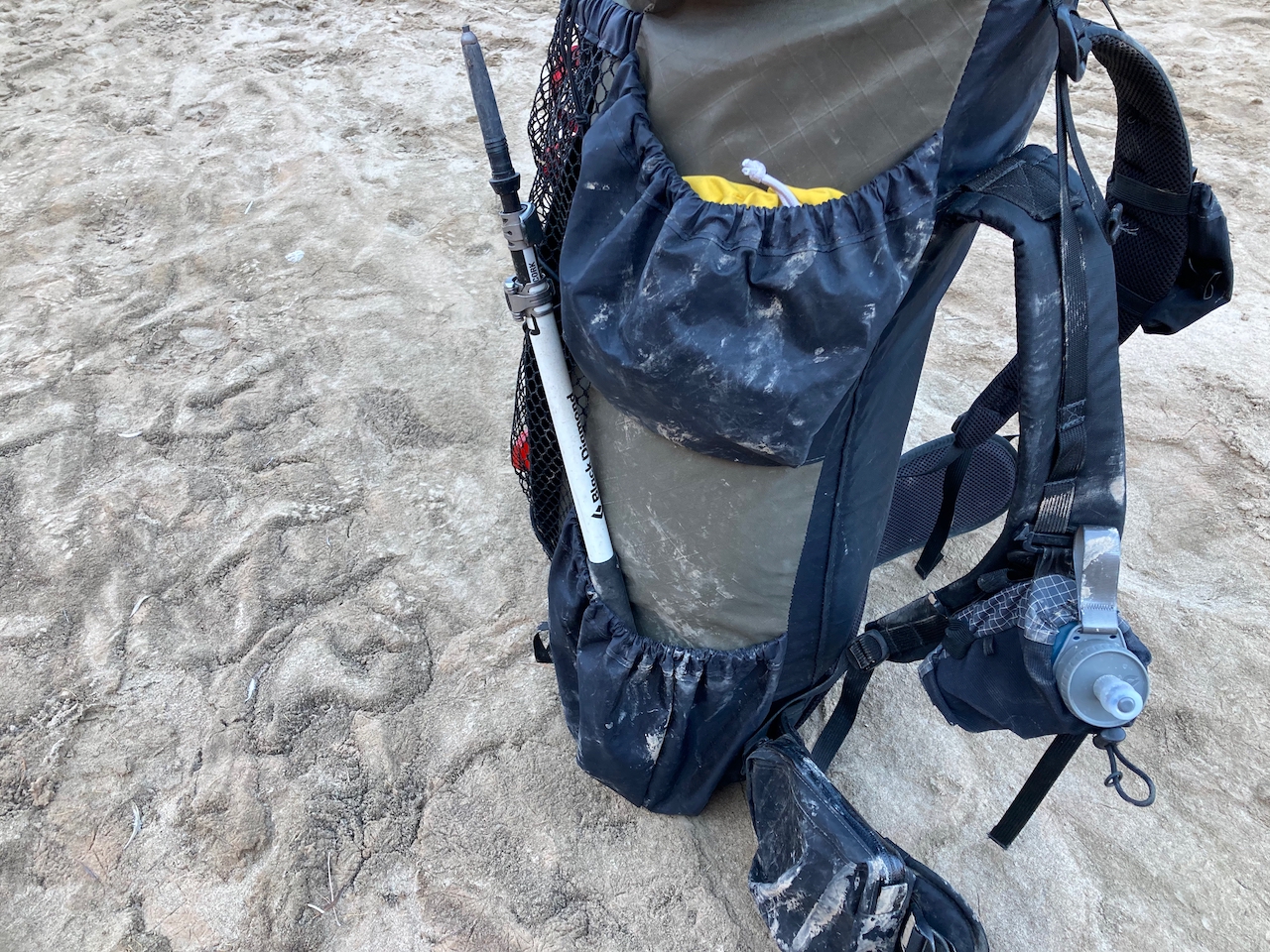 A medium-close shot of the waymark gear company lite 50L, looking down from above into pockets.