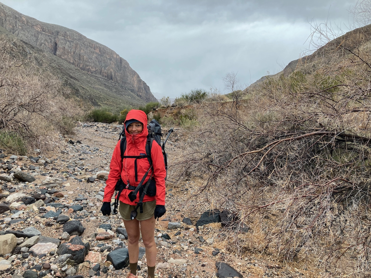 a woman in a red jacket stands in a rocky canyon.