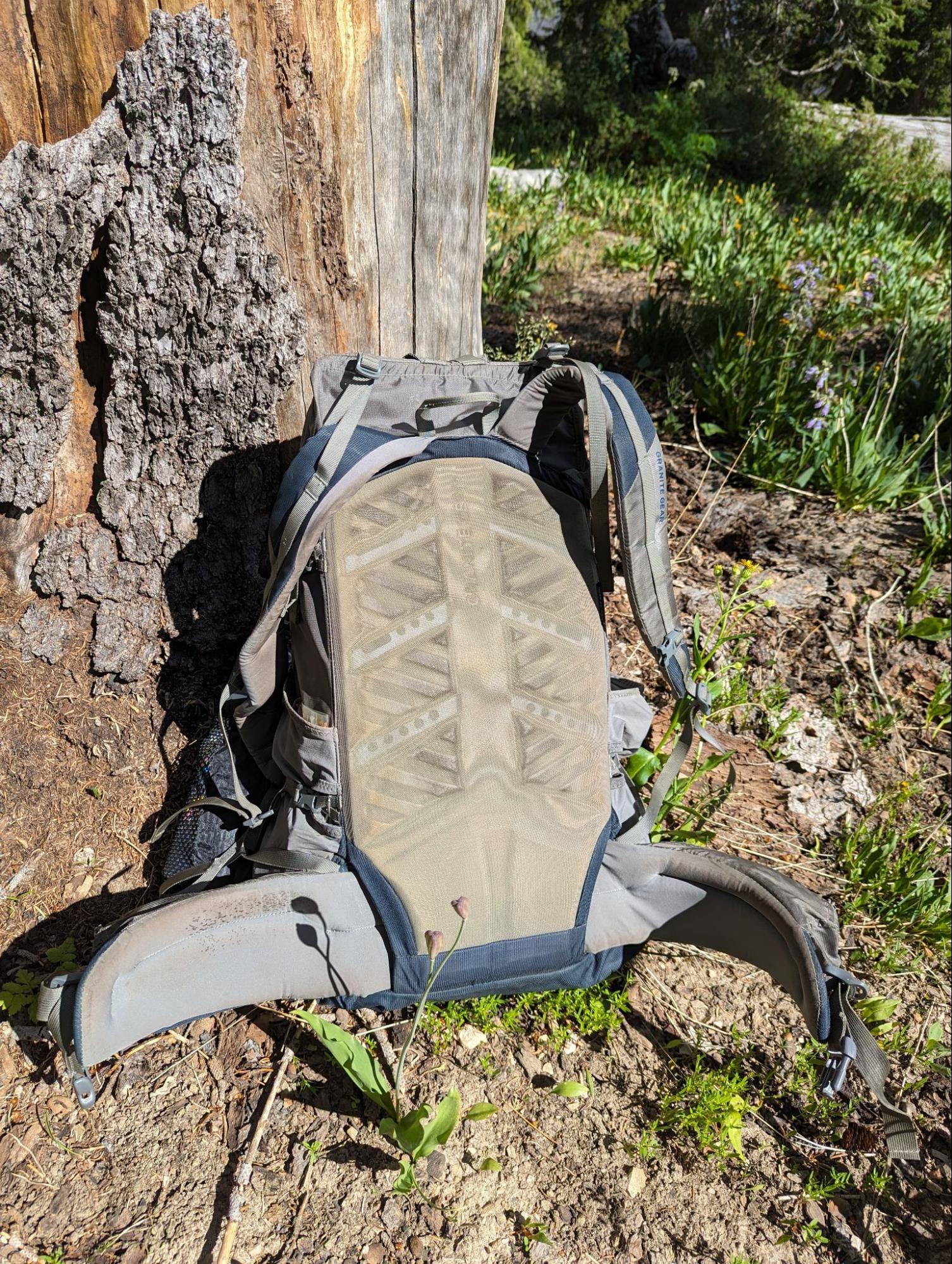 a backpack sitting on the ground next to a tree