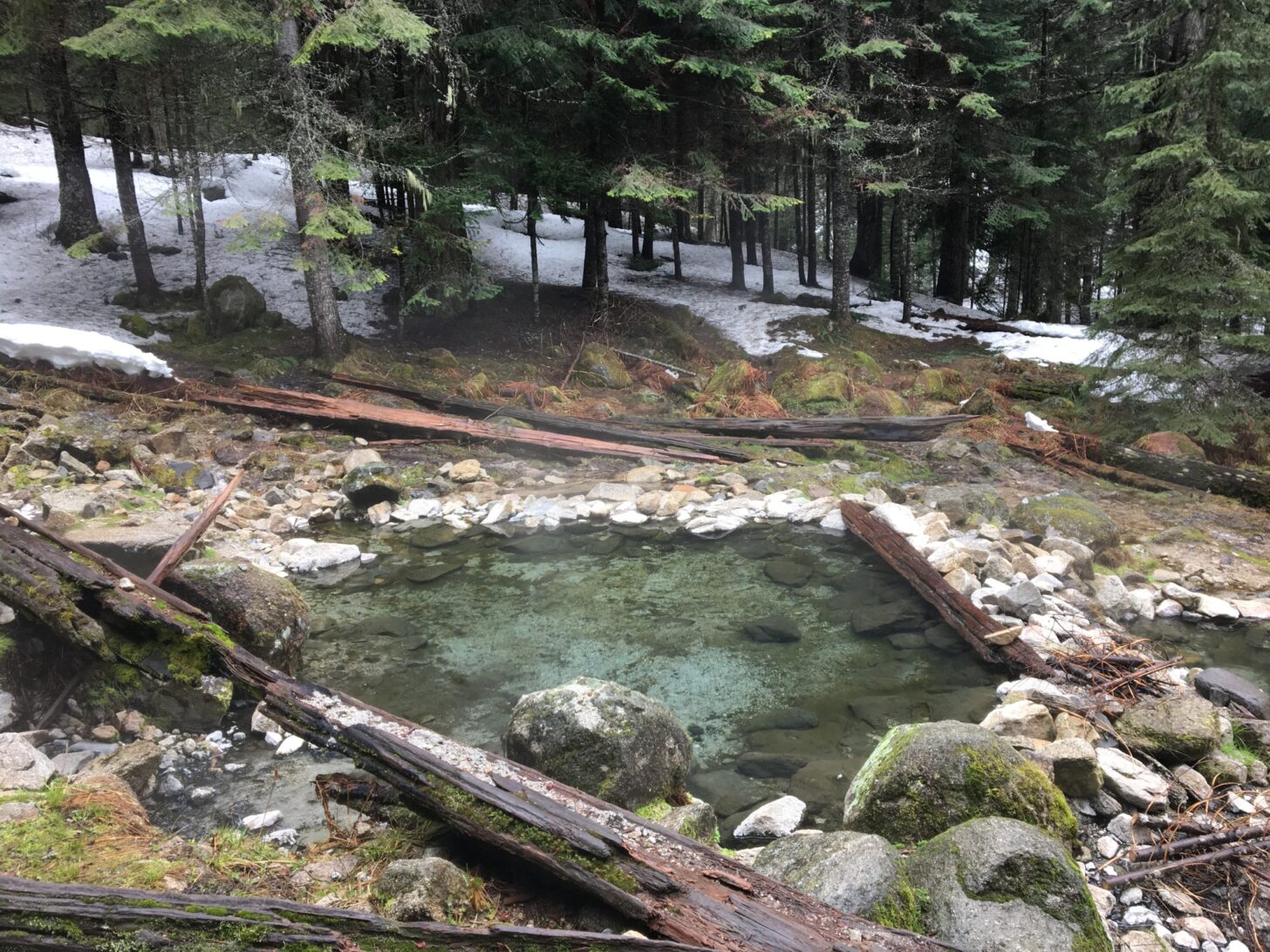 A natural hot spring in a forest setting is shown in this image. Snow is in the background.