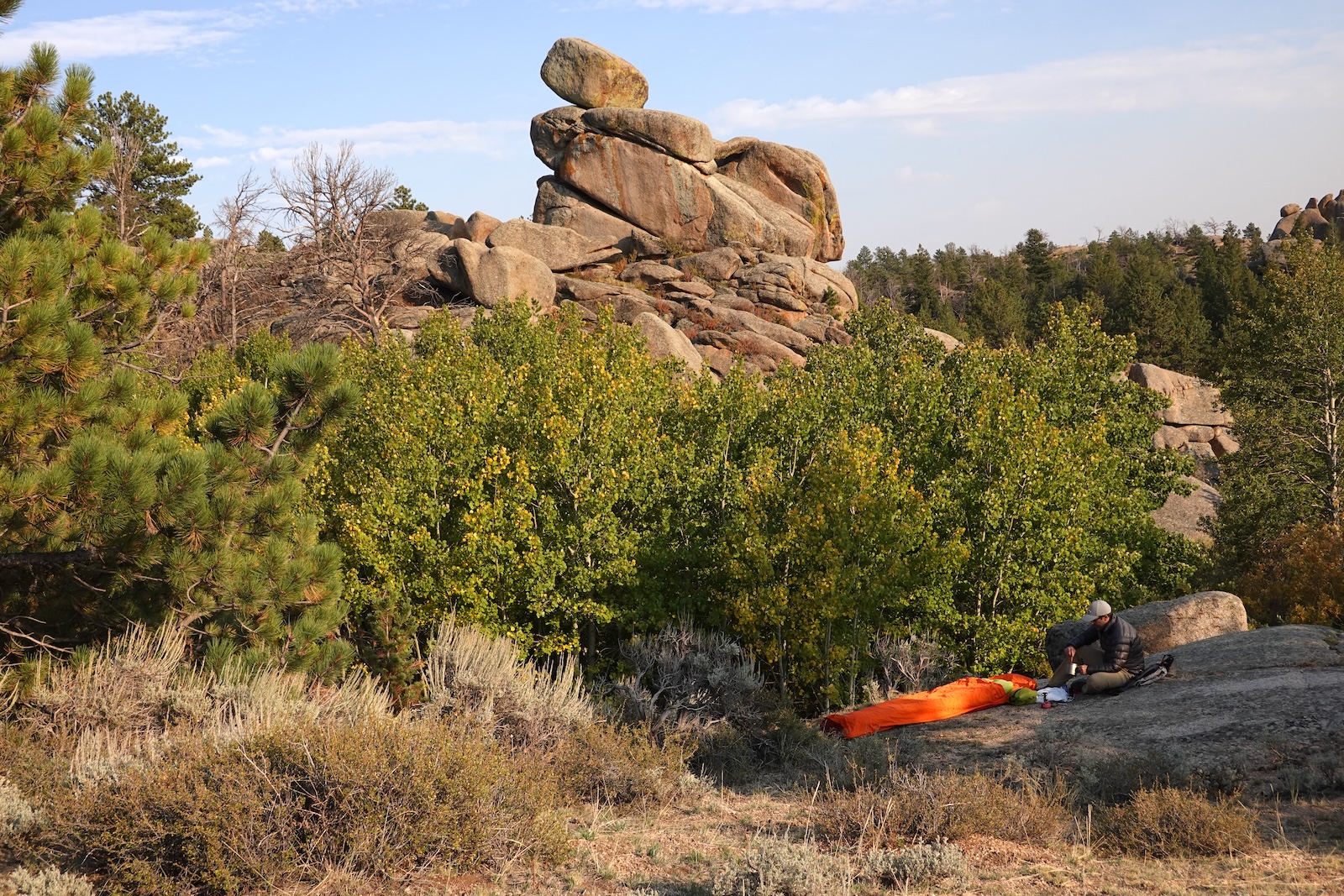 a man sitting on top of a rock next to a forest