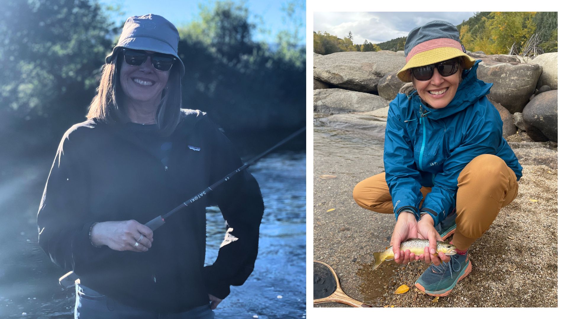 a woman kneeling down next to a woman holding a fish