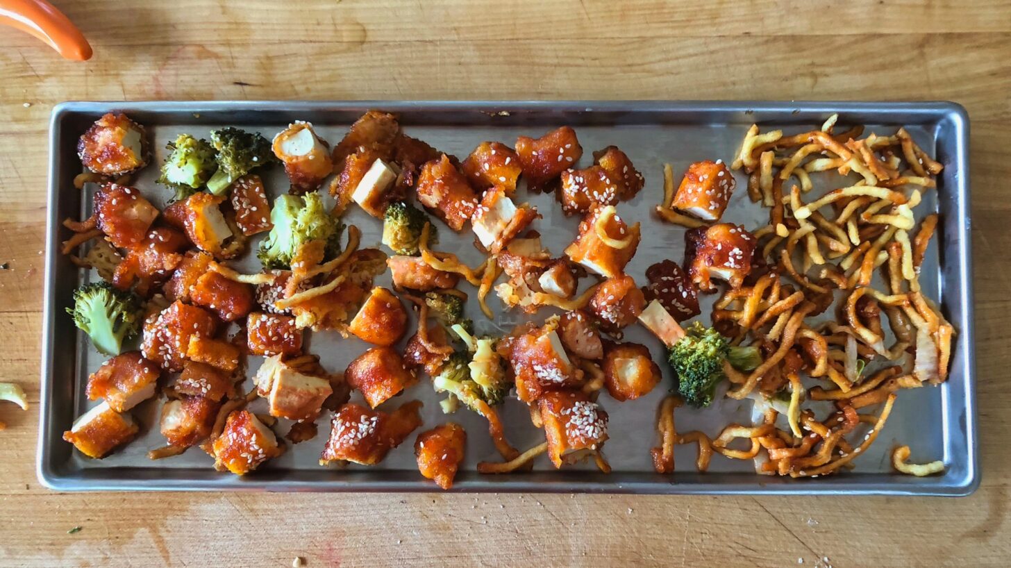 a tray of chinese food about to be freeze-dried