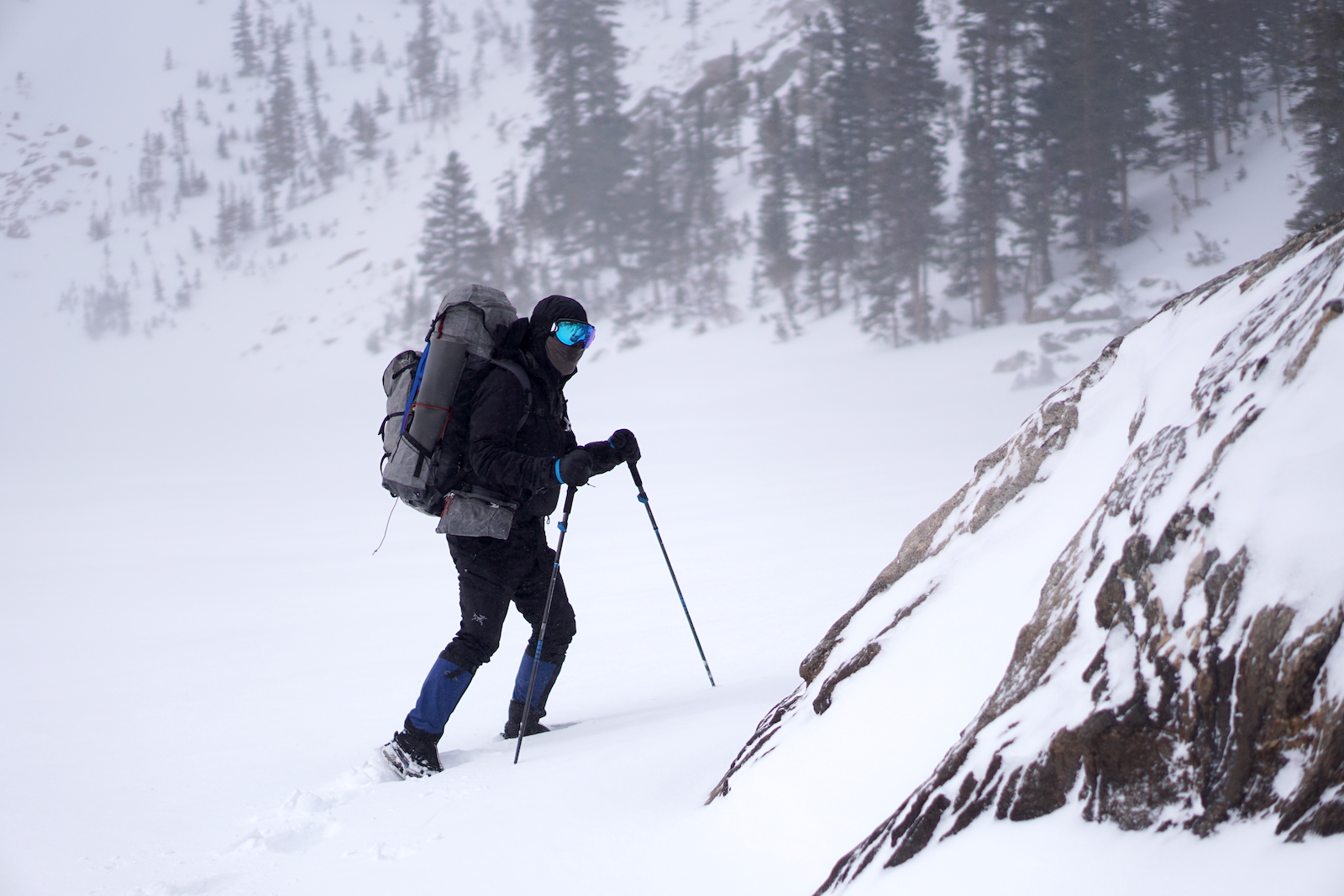 Hiker in blowing snow